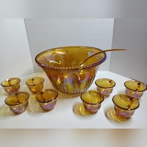 Iridescent Amber Punch Bowl Set, Indiana Glass, 70s, Grapes Leaf IN ORIGINAL BOX